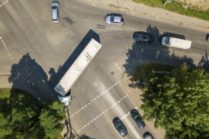 top ariel view of car accident at intersection
